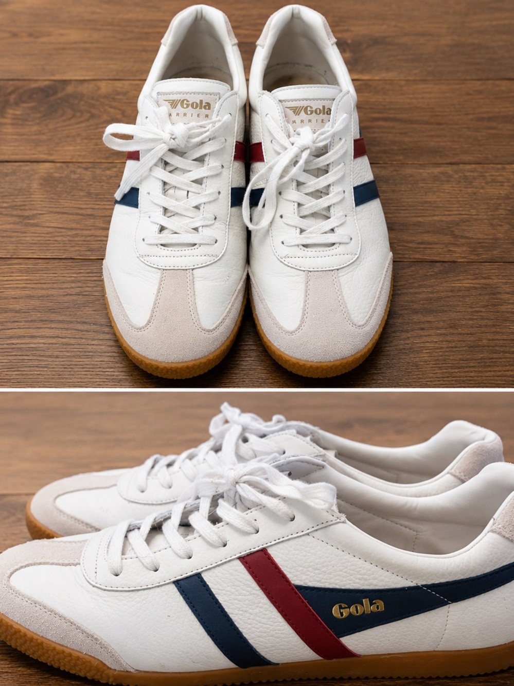 Gola White Leather Sneakers with Red & Navy Stripes
